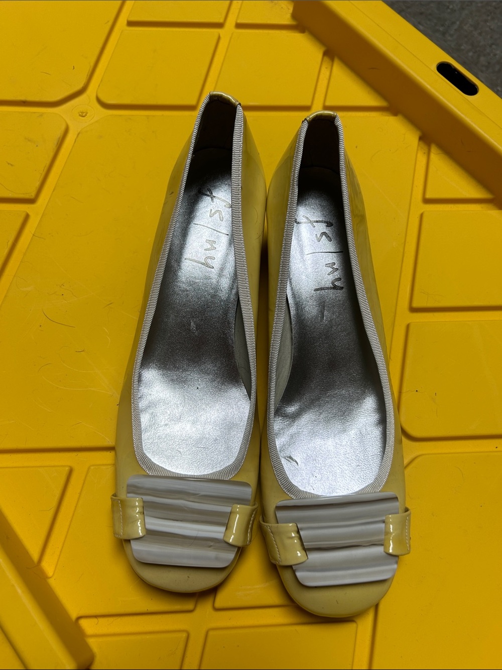 French Sole Yellow Patent Ballet Flats with White Strap Accent